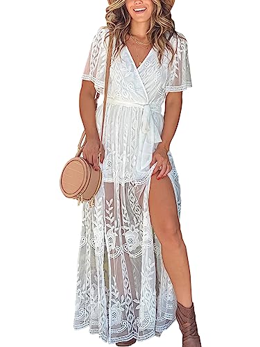 LRISES Womens Wrap V Neck White Floral Embroidered Lace Maxi Dress Short Sleeve Belted Boho Wedding Guest Bridal Shower Dresses