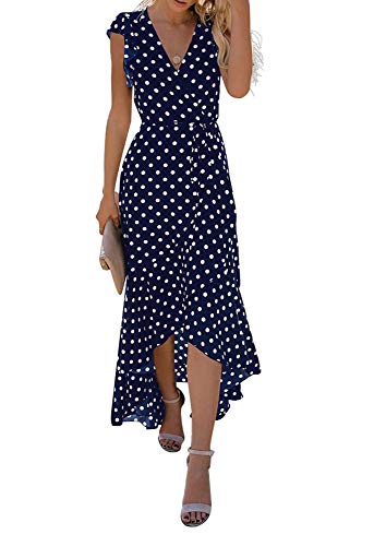 GRECERELLE Women's Summer Floral Print Cross V Neck Dress Bohemian Flowy Long Maxi Dresses PD-Navy Blue-X-Large