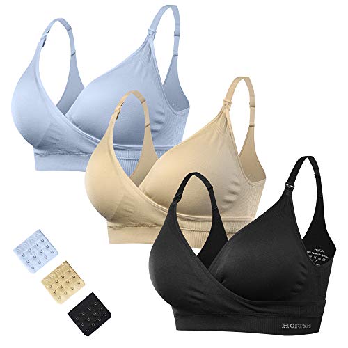 HOFISH Women's Maternity Pregnancy Seamless Breastfeeding Bras No Underwire, Beige Black Blue, X-Large