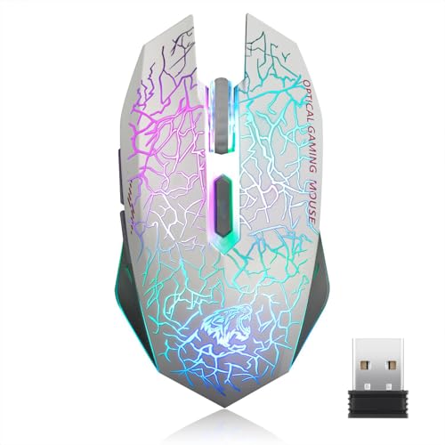 TENMOS M2 Wireless Gaming Mouse, Silent Rechargeable Optical USB Computer Mice Wireless with 7 Color LED Light, Ergonomic Design, 3 Adjustable DPI for Laptop/PC/Notebook, 6 Buttons (White)