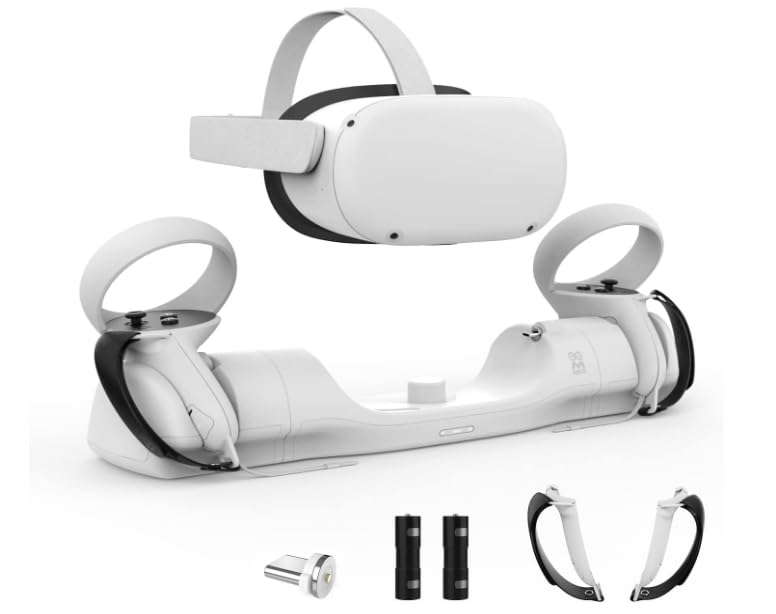 AMVR Upgraded Charging Dock for Meta/Oculus Quest 2, Headset Display Holder and Controller Mount Station, with Magnetic Charging, with Adjustable Wrist Strap Accessories, with 2 Rechargeable Batteries