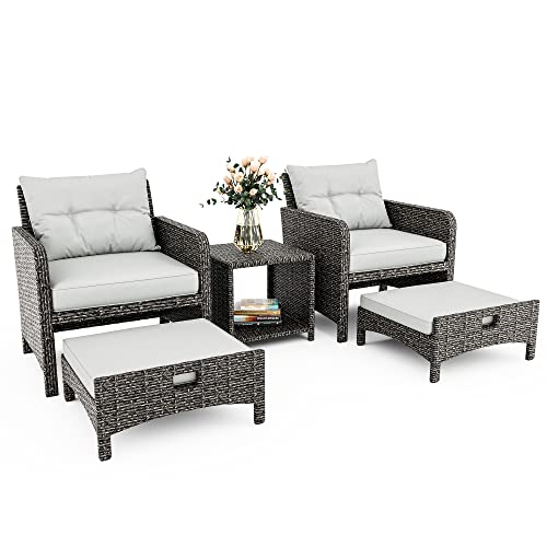Pamapic 5 Pieces Wicker Patio Furniture Set Outdoor Patio Chairs with Ottomans Conversation Furniture with coffetable for Poorside Garden Balcony(Grey Cushion +Grey Rattan)…