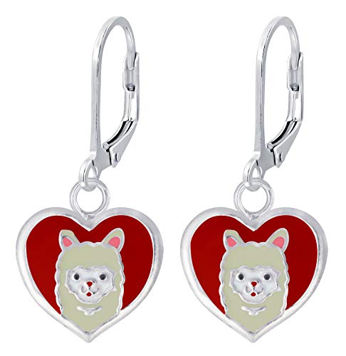 KIWI DAISY Llama/Alpaca on Heart .925 Sterling Silver Tiny Dangle Lever-Back Earrings (Hypoallergenic)