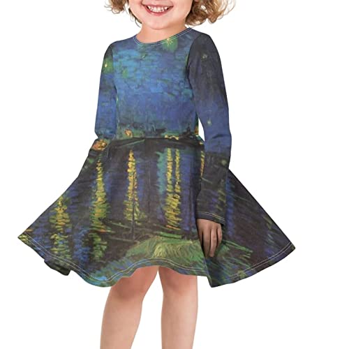 TOADDITDO Vincent Van Gogh Maxi Dress Girls Size 3-4 Years Starry Night Over The Rhone Dress Round Neck Pleated Kids Twirly Skater Dresses