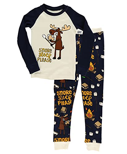 Lazy One Warm Long-Sleeved Kids' Pajamas for Girls and Boys, Funny Kids' Pajama Sets, Cozy, Comfy, Moose, Camping, Campfire, Tired (Smore Sleep, 10)