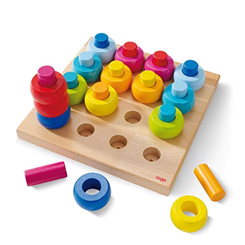 HABA Rainbow Whirls Wooden Sorting & Stacking Rings - Encourages Fine Motor Skills, Color Recognition and Patterns (Made in Germany)