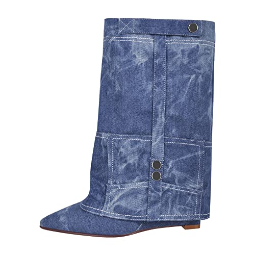 onlymaker Women Fold Over Boots Pull up Wedge Heel Ankle Boot with side Button Denim Canvas Size 8