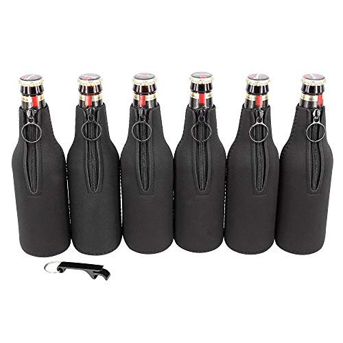 sunkey Beer Bottle Insulator Sleeves 6 Pack Neoprene Beer Bottle Covers with Ring Zipper Bottle Opener for 12 oz/330 ml Bottles (Black)