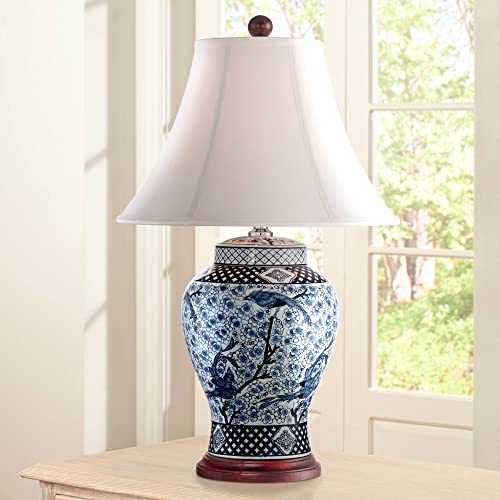 Barnes and Ivy Shonna Asian Chinese Ginger Jar Table Lamp 27' Tall Porcelain Blue White Bird and Branch Bell Shade Decor for Living Room Bedroom House Bedside Nightstand Home Office Entryway