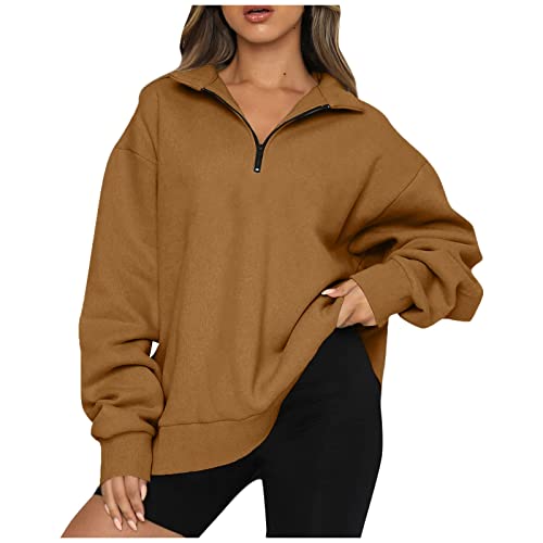 LAM KWONGY Womens Oversized Half Zip Pullover Long Sleeve Sweatshirt Quarter Zip Hoodie Sweater Teen Girls Fall Y2K Clothes, Brown #2, XX-Large