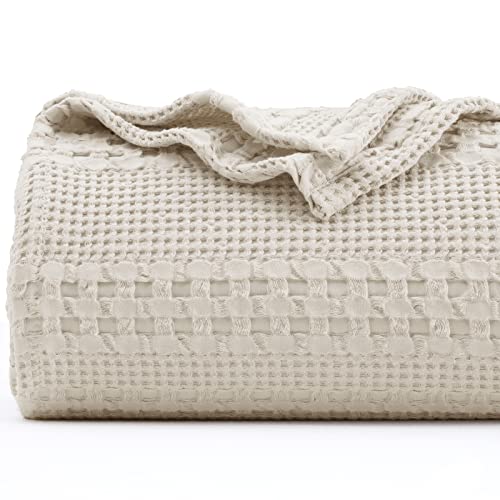 PHF 100% Cotton Waffle Weave Blanket Queen Size - Washed Soft Lightweight Blanket for All Season - Breathable and Skin-Friendly Blanket for Couch Bed Sofa 90'x90'- Natural/Linen