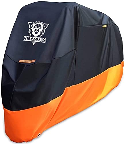 XYZCTEM Motorcycle Cover – All Season Waterproof Outdoor Protection – Precision Fit up to 108 Inch Tour Bikes, Choppers and Cruisers – Protect Against Dust, Debris, Rain and Weather(XXL,Black& Orange)