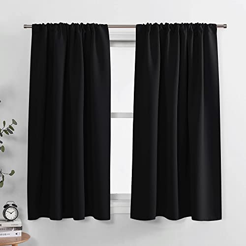 PONY DANCE Bedroom Blackout Curtains - Black Short Shades 45 inch Long,Light Block Thermal Insulated Panels for Kitchen,Rod Pocket Room Darkening Window Treatments, 42' Wide x 45' Long,2 Pieces