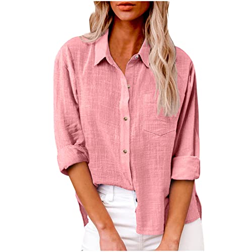 Ceboyel Women Linen Button Down Blouses Roll Up Sleeve Collared Shirts Plus Size Summer Tops Casual Sexy Cotton Gauze Tops Beach Casual Ladies Outfits 2023 Pink M
