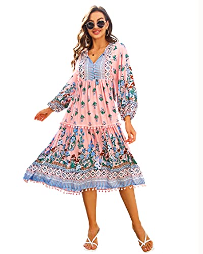 HECCPLI Women's Bohemian V Neck Floral Print A-line Casual Midi Long Dress