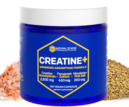 NATURAL STACKS Creatine Monohydrate Pills 2500mg - Maximum Absorption Formula w/Himalayan Salt & Fenugreek | Supports Brain Health, Endurance & Muscle Building -120 Vegan Creatine Capsules