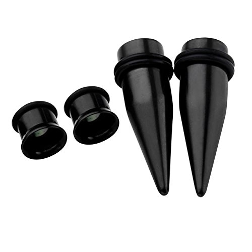 PiercingJ 4pcs 12G-00G Black Stainless Steel Tapers Stretcher + Ear Single-flared Tunnel Gauge Ear Stretching Kit