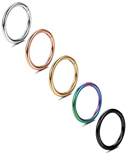 Jstyle 5 Pcs a Set 316L Stainless Steel Septum Piercing Nose Hoop Clicker Ring 16G 8mm