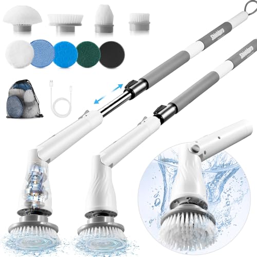 SHIELDPRO Electric Spin Scrubber, Cordless Shower Cleaning Scrubber with 8 Replaceable Brush Heads, Power Rotating Scrub Brush with Adjustable Long Handle for Bath Tub, Tile Grout, Sink, Car-White
