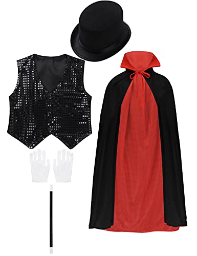 Fldy Kids Boys Girls Magician Costumes Magic Accessories Kit Cape Top with Hat Magic Wand Magic Gloves Cosplay Costumes Black Set 10-12 Years