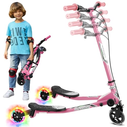 LED Light Up Swing Wiggle Scooter Kids Three Wheels Drifting Speeder with 4 Level Adjustable Handlebar and Quick-Release Folding System for Boys and Girls Age 3-10 (Pink)