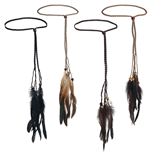RONRONS 4 Pieces Feather Headband Hair Accessories for Women, Handmade Boho Hippie Hair Extensions Feathers in Hair Headdress for Halloween Headpiece Cosplay