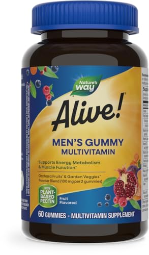 Nature's Way Alive! Men's Daily Gummy Multivitamin, Supports Energy Metabolism*, Muscle Function*, B-Vitamins, B-Vitamins, Gluten-Free, Vegetarian, Fruit Flavored, 60 Gummies (Packaging May Vary)