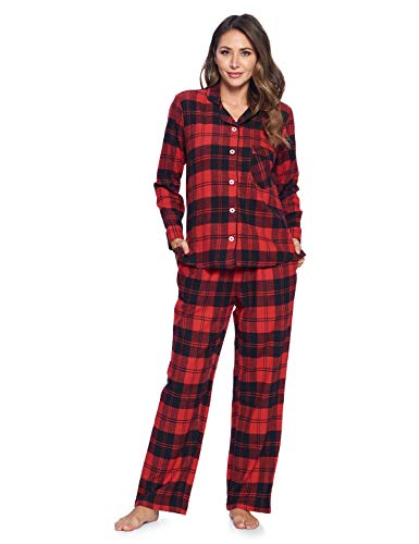 Ashford & Brooks Women's Flannel Plaid Pajamas Long Sleeve Button Down Pj Set, Red Black Tartan, Medium