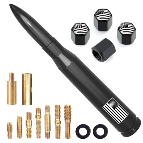 Car Truck Antenna with Tire Valve Caps American Flag Universal Short Replacement for GMC Sierra Chevy Silverado Dodge Ram 1500 2500 3500 Ford F150 F250 F350 Super Duty Raptor Radio Accessories, Black