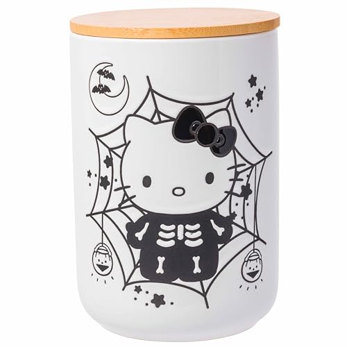 Silver Buffalo Sanrio Hello Kitty Halloween Skeleton Web Wax Resist Ceramic Cookie Snack Jar Container with Bamboo Lid, Black and White (Small)