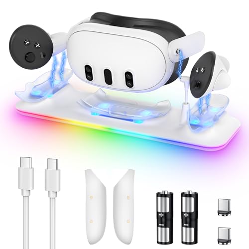 Charging Dock for Meta Quest 3, YUANHOT Fast Charging Station with Colorful RGB Light for Oculus Quest 3, Magnetic Charging Stand Accessories for Headset and Controller with 2 Rechargeable Batteries