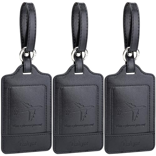 Teskyer Luggage Tags, 3 Pack Premium PU Leather Luggage Tags Privacy Protection Travel Bag Labels Suitcase Tags