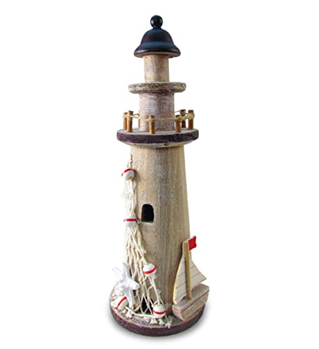 Puzzled Large Wood Brown Lighthouse Model - 12' Starfish & Sailboat Decorations Handcrafted Tabletop Tower Indoor or Outdoor Party Centerpiece Living Room