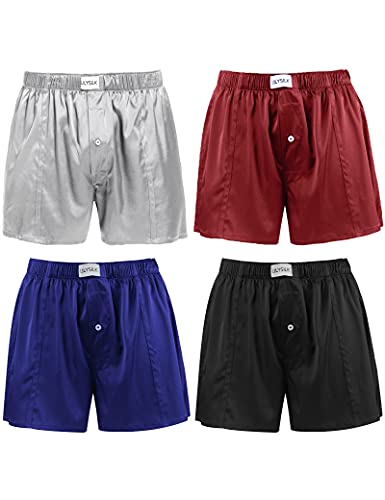 LilySilk 4PACK Silk Boxers Mens Breathable Real Mulberry Underwear 6A Grade Royal Shorts Combo Pack, Silk Sleep Lounge Bottoms Black+Blue+Red+Grey XL