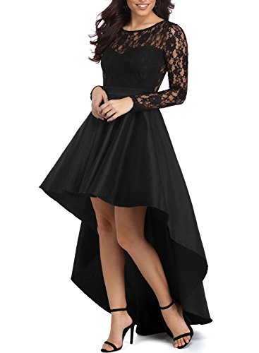 Asvivid Womens Elegant Long Sleeve Lace High Low Satin Prom Evening Dress Cocktail Party Gowns Black Small