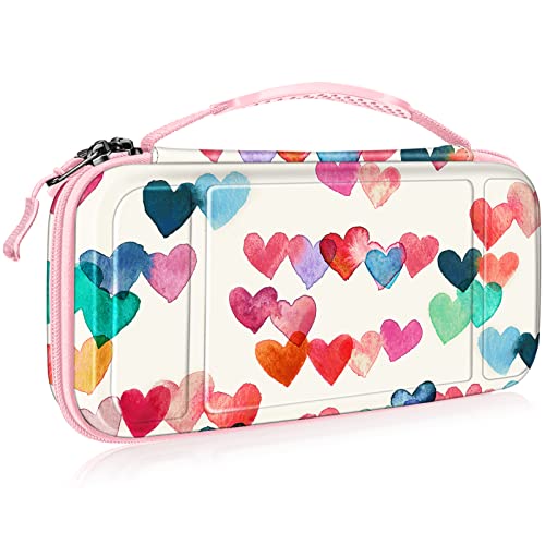 Fintie Carrying Case for Nintendo Switch OLED Model 2021/Switch 2017, [Shockproof] Hard Shell Protective Cover Travel Bag w/10 Game Card Slots for Switch Console Joy-Con & Accessories, Raining Hearts