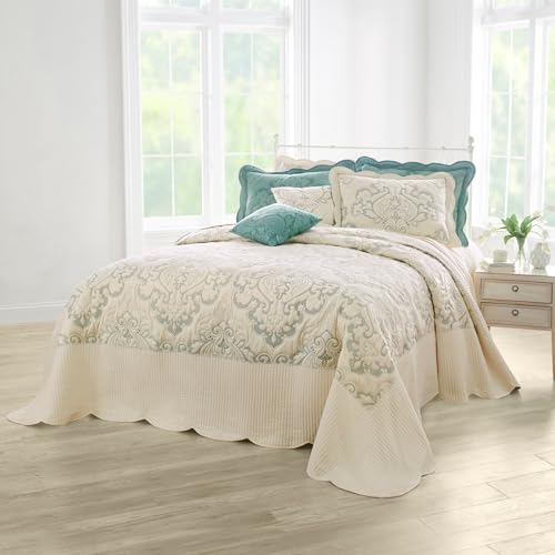 BrylaneHome Bedding Lightweight All Season Modern Amelia Quilted Damask Oversized Ultra Soft Bedspread - Full, Ivory Seaglass Beige