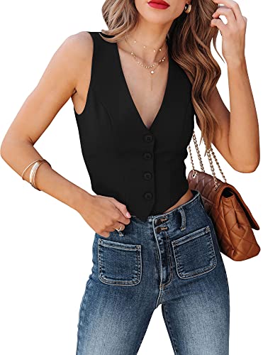 Sunborui Women's Business Button Up Sleeveless Vests Fully Lined V Neck Regular Fitted Jacket Waistcoat (Black,Large,Large)