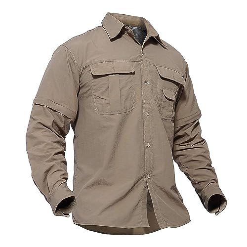 TACVASEN Men's Nylon Solid Camping Hunting Cycling Fishing Convertible Long Sleeve Shirt Khaki, M