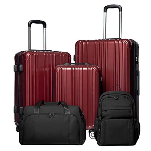 COOLIFE Luggage Expandable Suitcase PC+ABS 3 Piece Set with TSA Lock Spinner Carry on 20in24in28in (Wine red, 3 piece set)