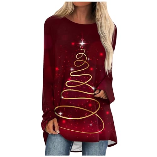Christmas Printed Long Sleeve Shirts for Women Women's Blouses Plus Size Womens Clothes Fall 2024 Closure Plus Size Womens Tops Pullover Loose Tunic Tops Round Neck Blouse Dressy Casual Sweatshirts