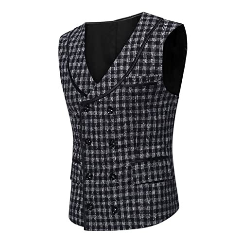 Mens Business Waistcoat Slim Fit Lightweight Formal Suit Vest Herringbone Tweed V Neck Double Breasted Dress Blazer