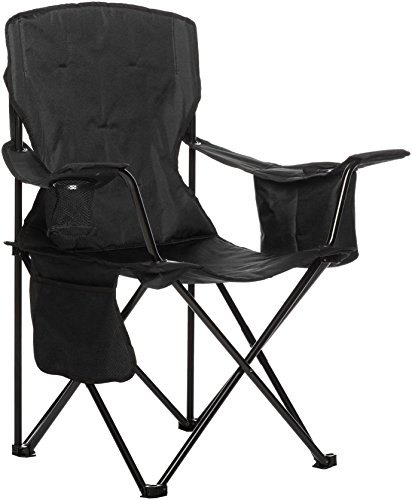 Amazon Basics Portable Camping Chair with 4-Can Cooler, Side Pocket, Cup Holder, and Carry Bag; Collapsible Chair for Camping, Tailgates, Beach, and Sports, Large, Padded, Black