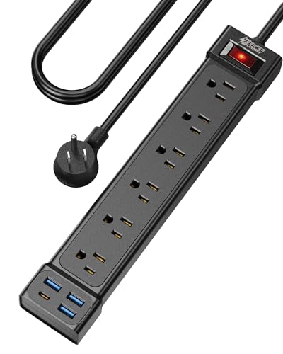 Power Strip with 4 USB Ports, SUPERDANNY 6 Outlets Surge Protector, 4 Ft Extension Cord Flat Plug, 900Joules, Wall Mount Outlet Extender for Home/Office/Dorm Essentials, Black
