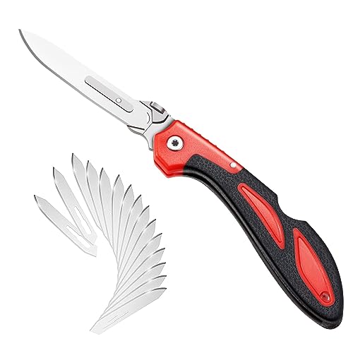 LANCERGEAR Hunting Knife Skinning Knife Pocket Foldable with 15 Extra Replaceable Sharp Blades, Safe and Fast Disassembly in 1 Second with Single Hand
