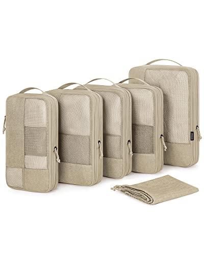 BAGSMART Compression Packing Cubes for Suitcase, 6 Set Travel Packing Cubes for Luggage, Compression Travel Cubes & Suitcase Organizer for Packing with Shoe Bag Khaki