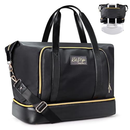 Kat Myhr Womens Black Weekender Travel Bag - Luxury Quality Carry On Bag for Airplane & Travel Duffle Bag - Large Weekend Bag for Women Travel with Shoe Compartment - Overnight Bag