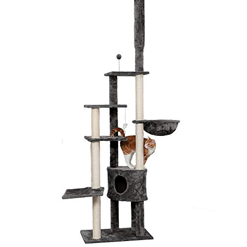 Furhaven 100'-113' Tall Cat Tree for Indoor Cats w/ Adjustable Height, Ft. Sisal Scratching Posts, Condo, & Toys - Tiger Tough Skyscraper Interactive Playground Tower - Gray, One Size