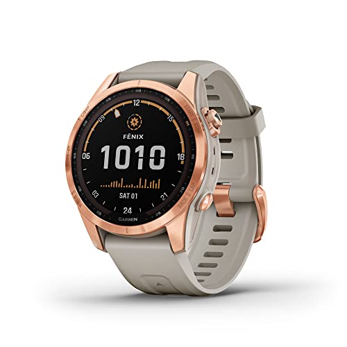 Garmin fenix 7S , Smaller sized adventure smartwatch, with Solar Charging Capabilities, Rugged outdoor watch with GPS, touchscreen, health and wellness features, rose gold with light sand band