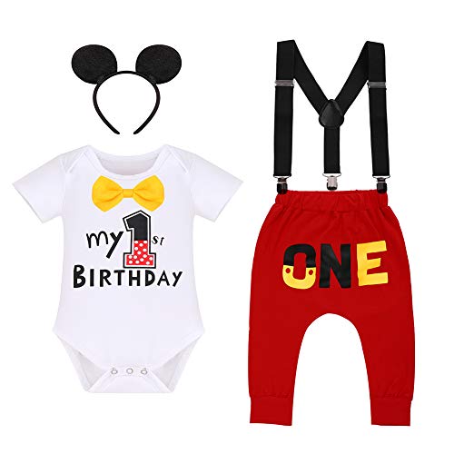 Mouse 1st First Birthday Cake Smash Photo Props Outfit Baby Boy Romper Suspenders Legging Pants Headband Halloween Mouse Themed Party Supplies Gentleman Suits White - My 1st Birthday Long 12-18 Months